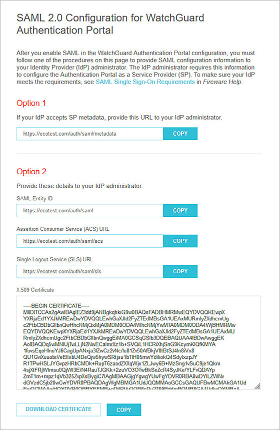 Screenshot of Firebox, Firebox SAML SP info